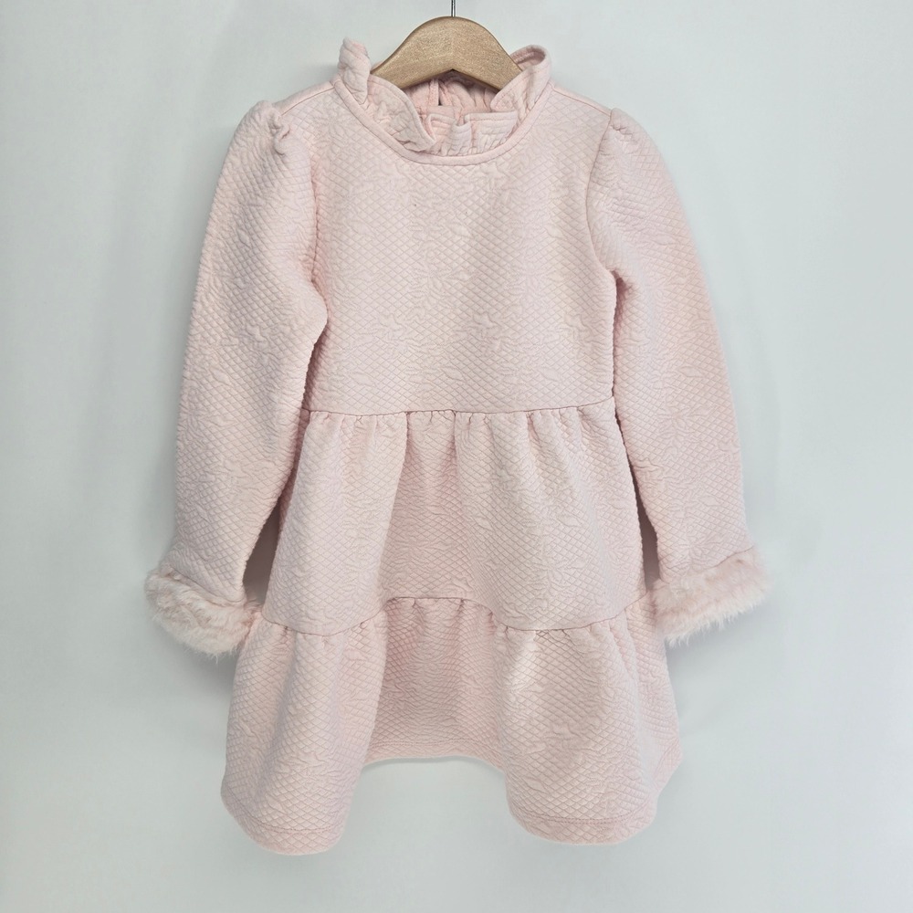 Janie and Jack Quilted Dress Girls 5 Pink Faux Fur Trim Ruffle Collar Tiered